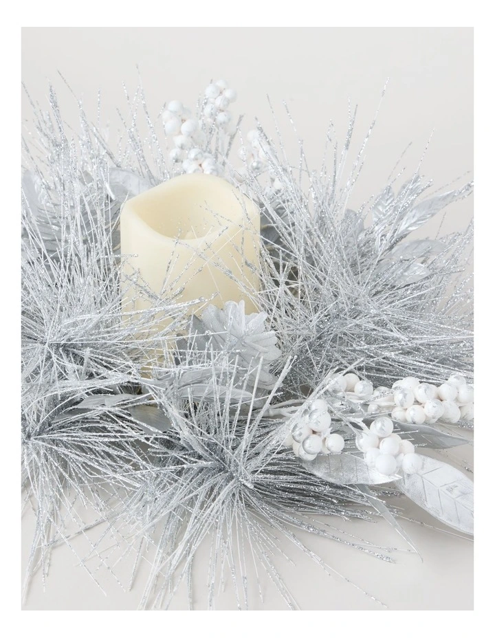 Luxe Glittered Pine, Faux Berry and Pinecone Hurricane in White: 11cm image 3