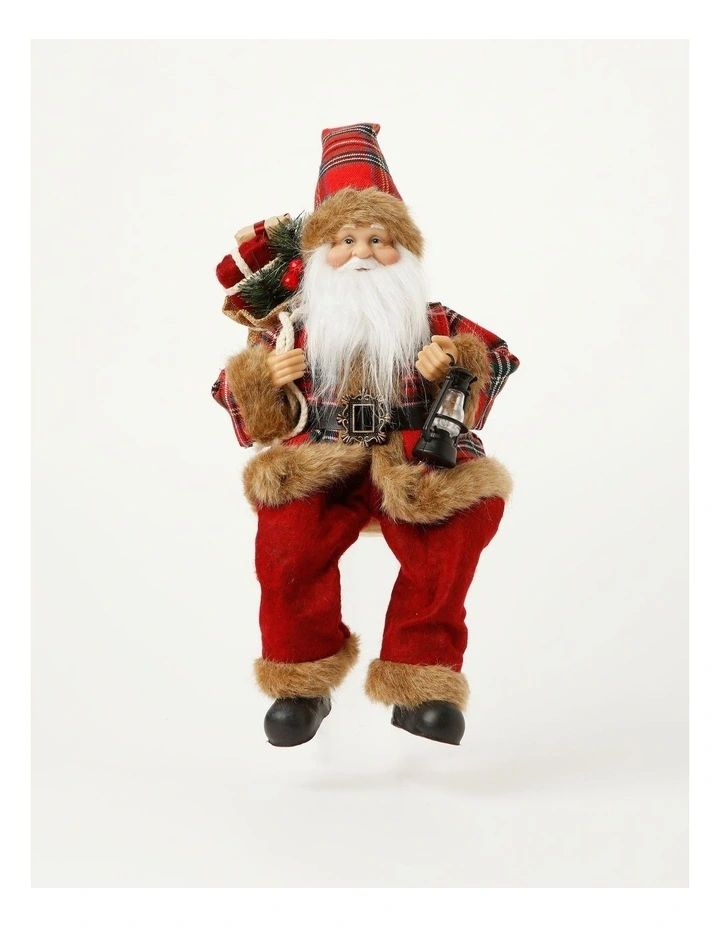 Heirloom Christmas Flannel Faux Fur Sitting Santa with Lantern 30cm in Red/Black image 1