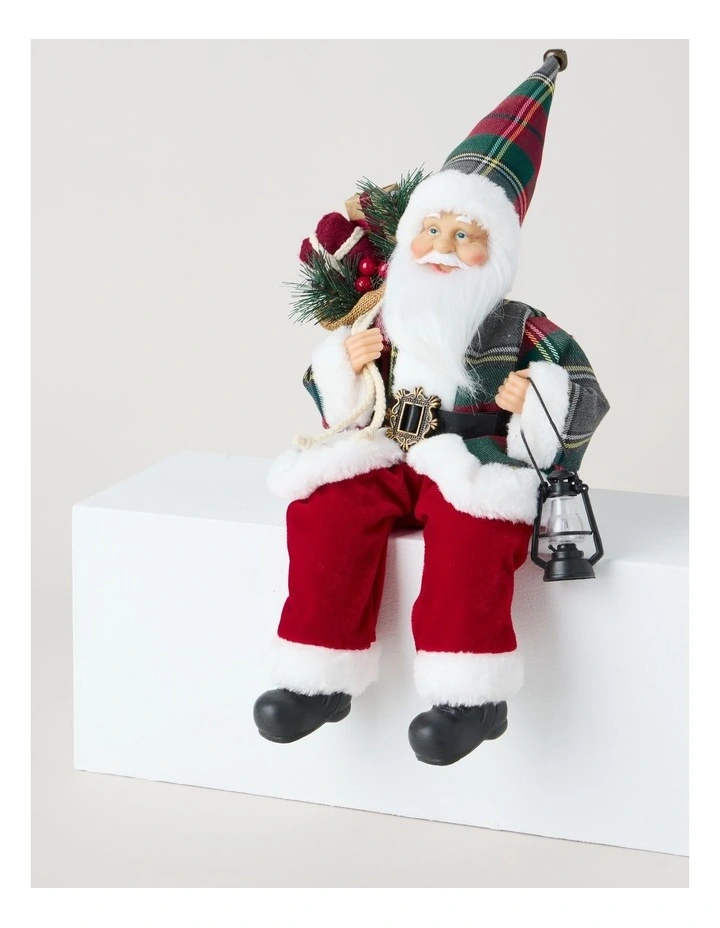 Heirloom Christmas Flannel Faux Fur Sitting Santa with Lantern 30cm in Red/Black image 1