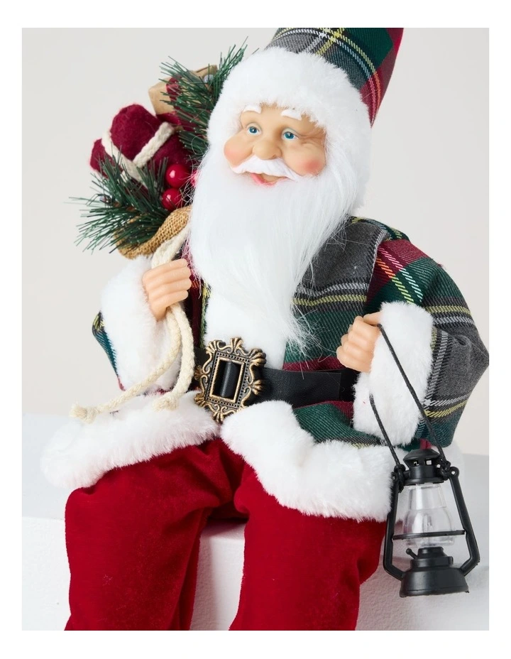 Heirloom Christmas Flannel Faux Fur Sitting Santa with Lantern 30cm in Red/Black image 2
