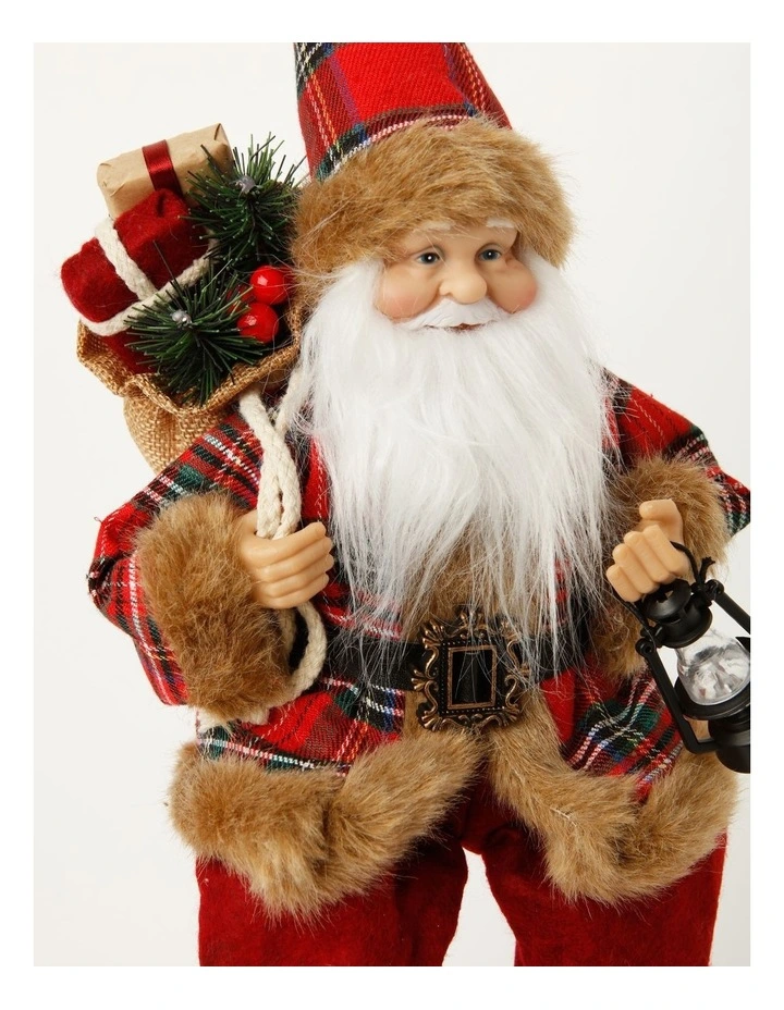 Heirloom Christmas Flannel Faux Fur Sitting Santa with Lantern 30cm in Red/Black image 3