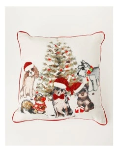 Heirloom Christmas Dogs Around Tree Print Piped CushionWhite: 50X50 Cm