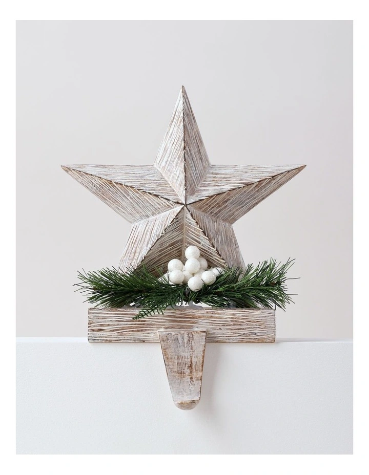 Eucalyptus Christmas White Washed Resin Star Stocking Holder 22cm in White image 1