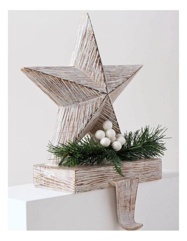 Eucalyptus Christmas White Washed Resin Star Stocking Holder 22cm in White image 3