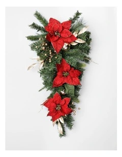 Heirloom Christmas Poinsettia, Faux Berries, Leaves & Bauble Swag 35cm in Red/Green