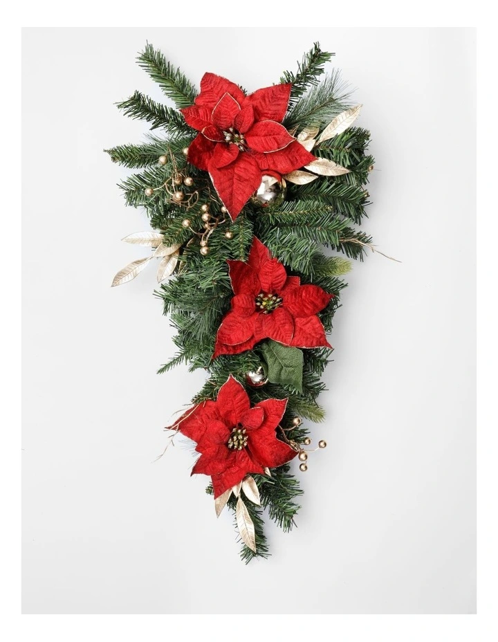 Heirloom Christmas Poinsettia, Faux Berries, Leaves & Bauble Swag 35cm in Red/Green image 1