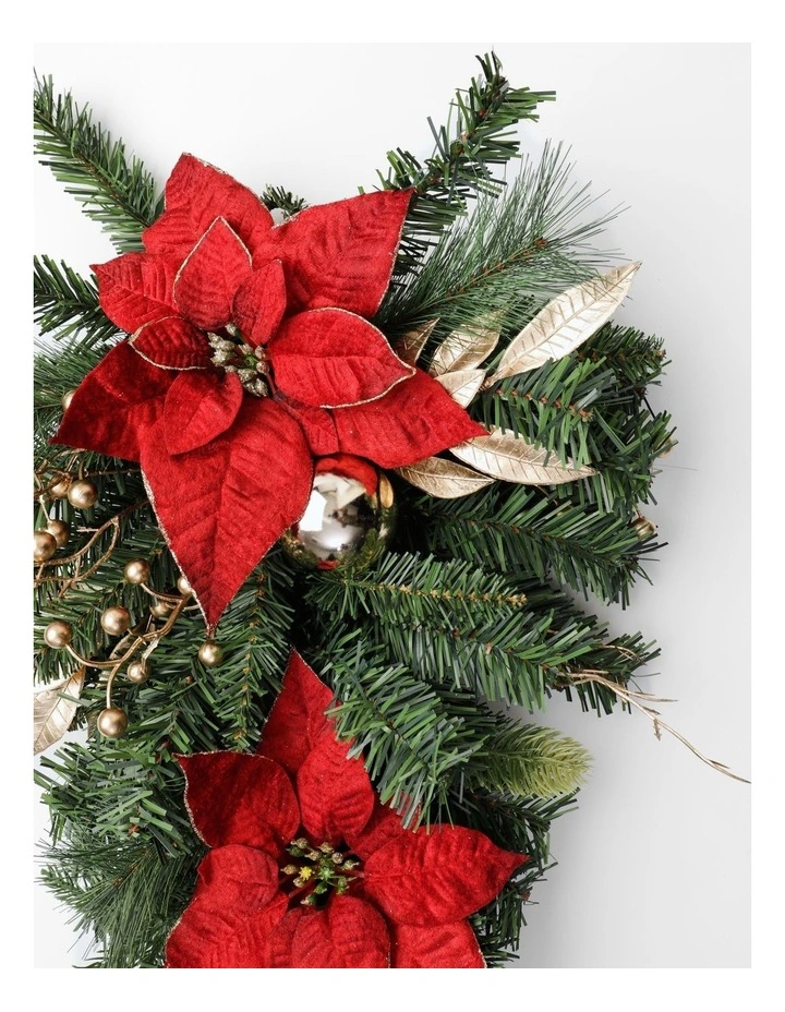 Heirloom Christmas Poinsettia, Faux Berries, Leaves & Bauble Swag 35cm in Red/Green image 2
