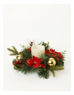 Heirloom Christmas Poinsettia, Faux Berries, Leaves & Bauble Hurricane 11cm in Red/Gold