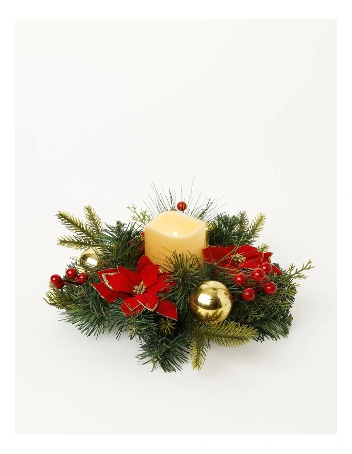 Heirloom Christmas Poinsettia, Faux Berries, Leaves & Bauble Hurricane 11cm in Red/Gold image 2