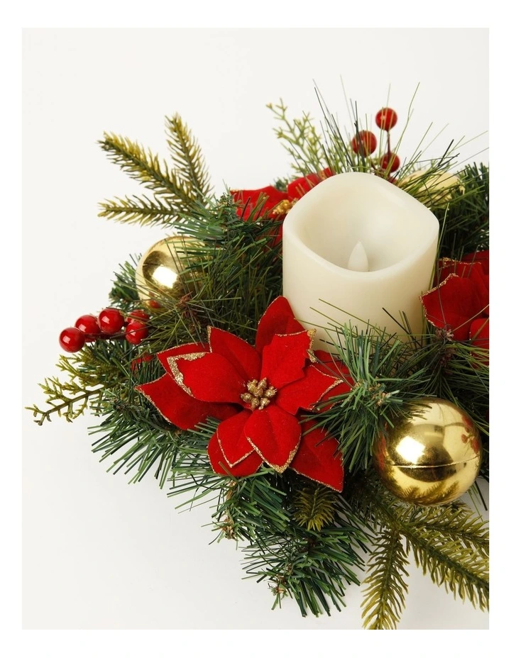 Heirloom Christmas Poinsettia, Faux Berries, Leaves & Bauble Hurricane 11cm in Red/Gold image 3