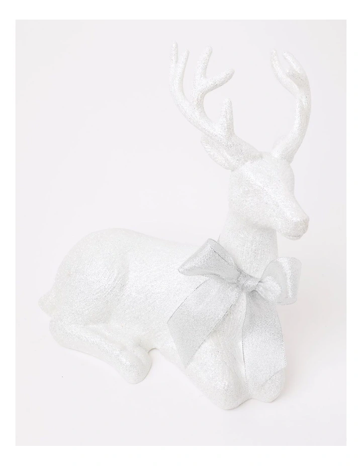 Eucalyptus Christmas Glittered Sitting Reindeer withHessian Bow 31cm in White image 2