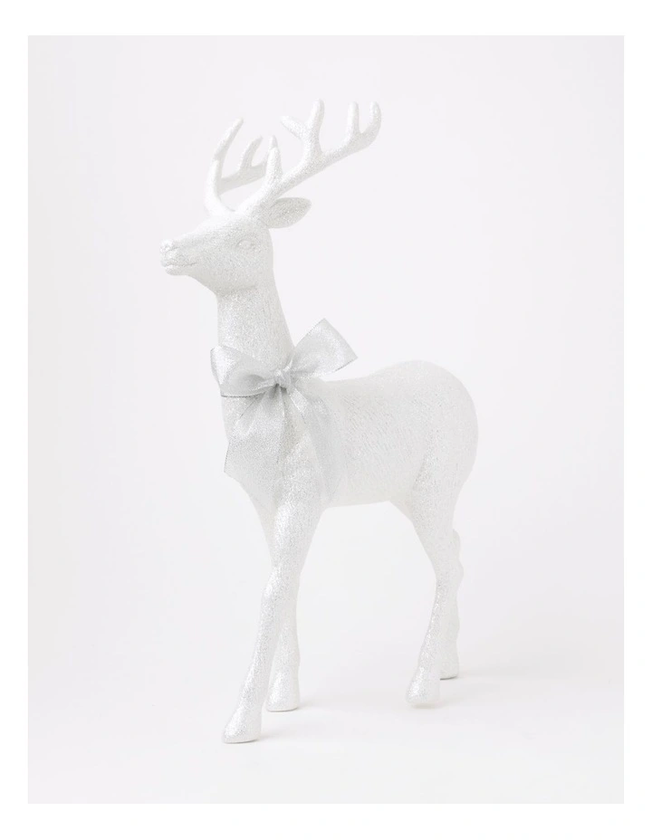 Eucalyptus Christmas Glittered Standing Reindeer withHessian Bow 46cm in White image 1