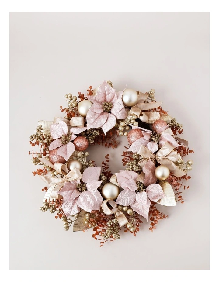 Luxe Christmas Faux Magnolia, Leaves & Baubles Wreath 51cm in Pink image 1