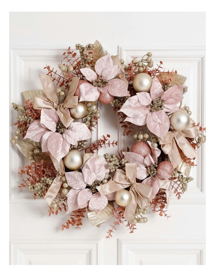 Luxe Christmas Faux Magnolia, Leaves & Baubles Wreath 51cm in Pink image 2