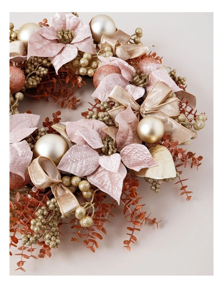 Luxe Christmas Faux Magnolia, Leaves & Baubles Wreath 51cm in Pink image 3