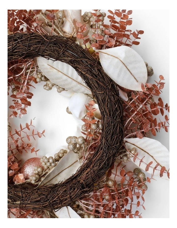 Luxe Christmas Faux Magnolia, Leaves & Baubles Wreath 51cm in Pink image 4
