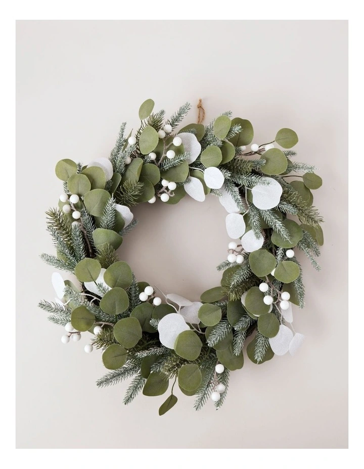Eucalyptus Christmas Glittered Faux Eucalyptus Christmas Leaves & Berries Wreath 60cm in Green/White image 1