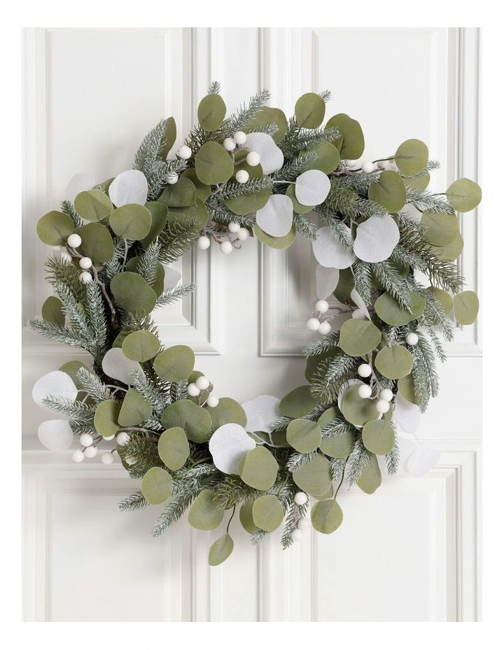 Eucalyptus Christmas Glittered Faux Eucalyptus Christmas Leaves & Berries Wreath 60cm in Green/White image 2