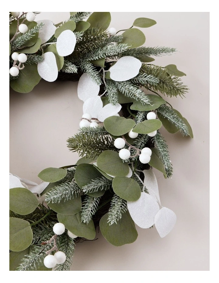 Eucalyptus Christmas Glittered Faux Eucalyptus Christmas Leaves & Berries Wreath 60cm in Green/White image 3
