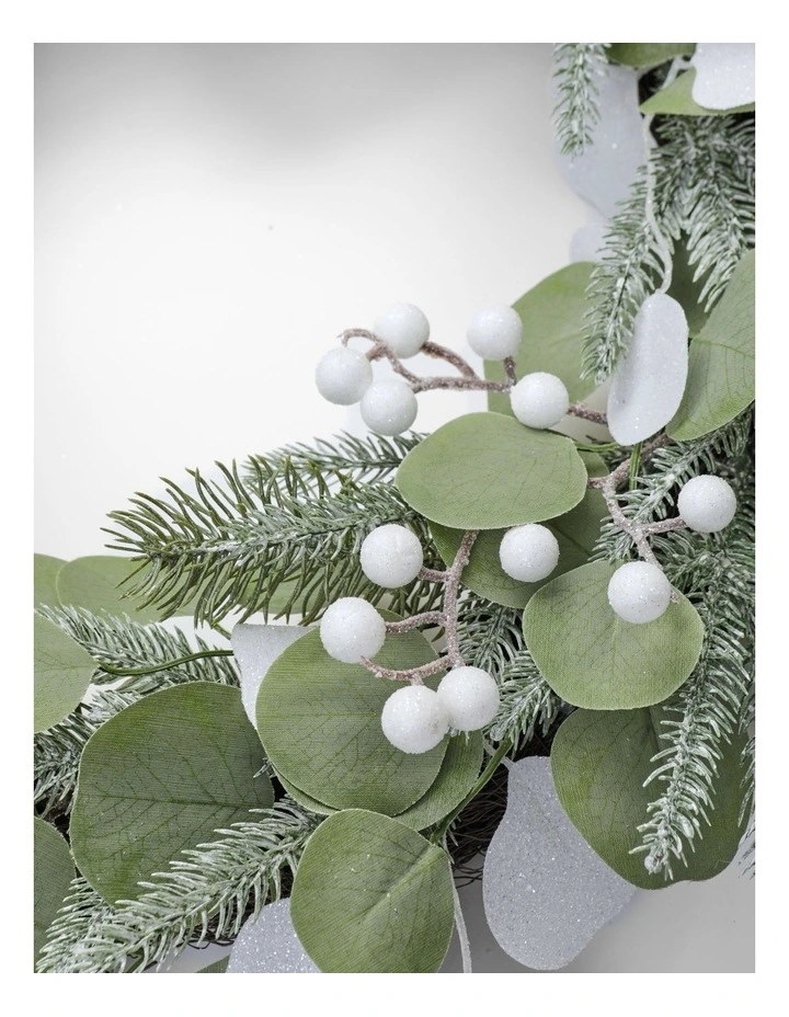 Eucalyptus Christmas Glittered Faux Eucalyptus Christmas Leaves & Berries Wreath 60cm in Green/White image 4