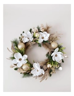 Luxe Christmas Magnolia, Leaves & Bauble Wreath 60cm in Champagne