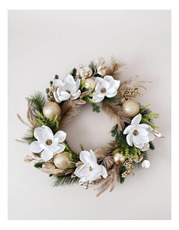 Luxe Christmas Magnolia, Leaves & Bauble Wreath 60cm in Champagne image 1
