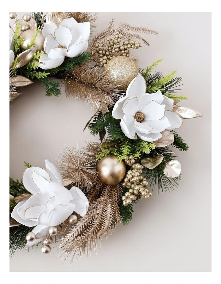Luxe Christmas Magnolia, Leaves & Bauble Wreath 60cm in Champagne image 4