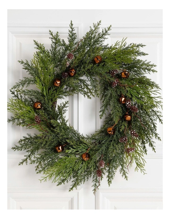 Harvest Christmas Faux Pinecones & Bells Wreath 60cm in Green image 2