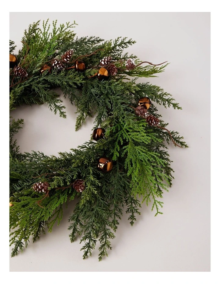 Harvest Christmas Faux Pinecones & Bells Wreath 60cm in Green image 3