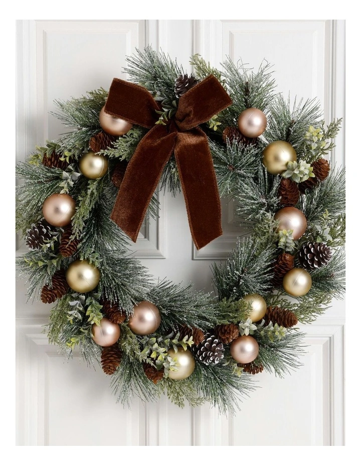 Harvest Christmas Frosted Bauble and Pinecone Wreath 61cm in Natural image 2