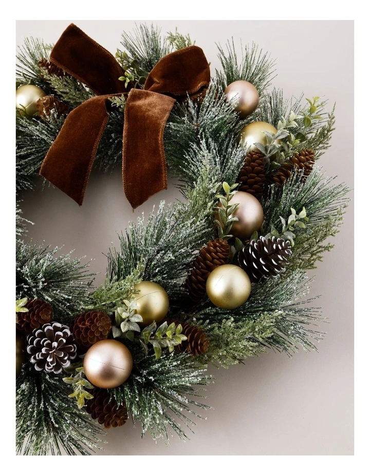 Harvest Christmas Frosted Bauble and Pinecone Wreath 61cm in Natural image 4
