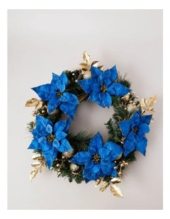Luxe Christmas Poinsettia, Faux Berries, Leaves & Bauble Wreath 60cm in Navy/Gold