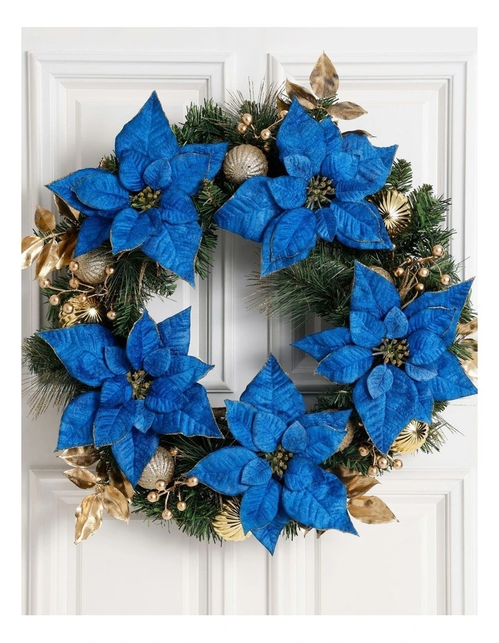 Luxe Christmas Poinsettia, Faux Berries, Leaves & Bauble Wreath 60cm in Navy/Gold image 2