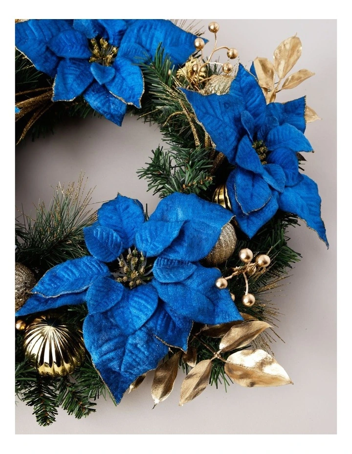 Luxe Christmas Poinsettia, Faux Berries, Leaves & Bauble Wreath 60cm in Navy/Gold image 3