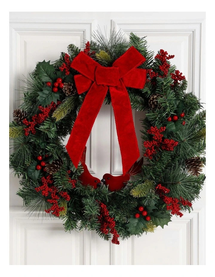 Heirloom Christmas Cardinal Love Bird Wreath 60cm in Red/Green image 2