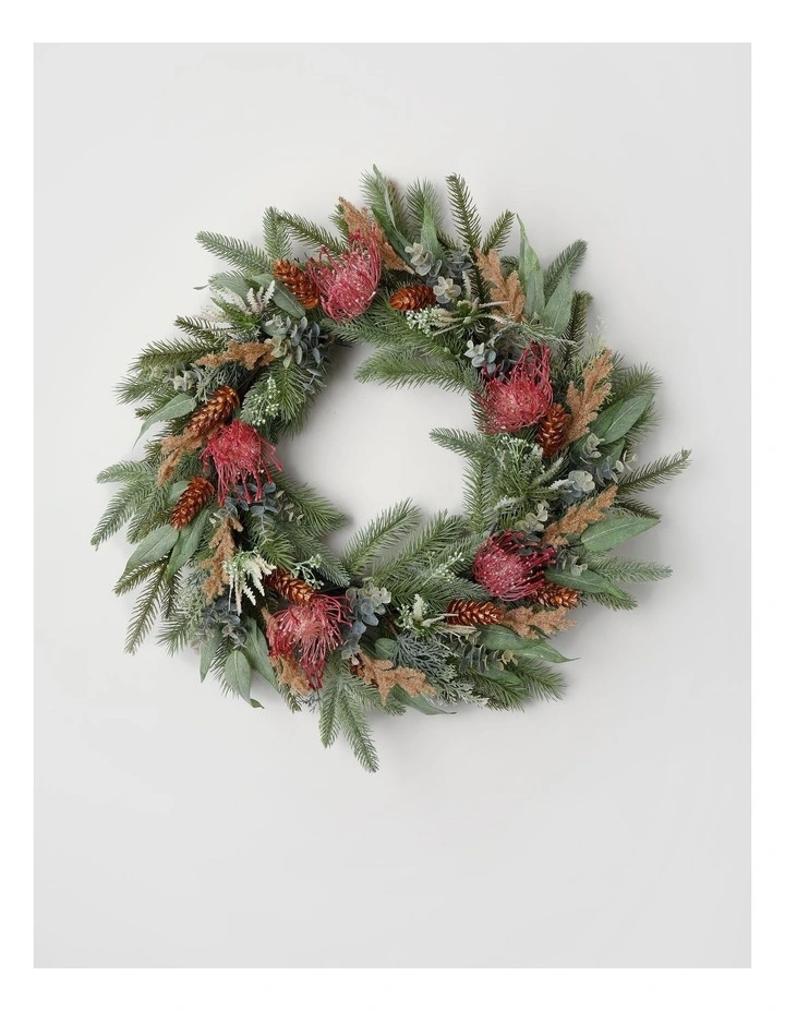 Eucalyptus Christmas Faux Pincushion Wreath 55cm in Green/Pink image 1