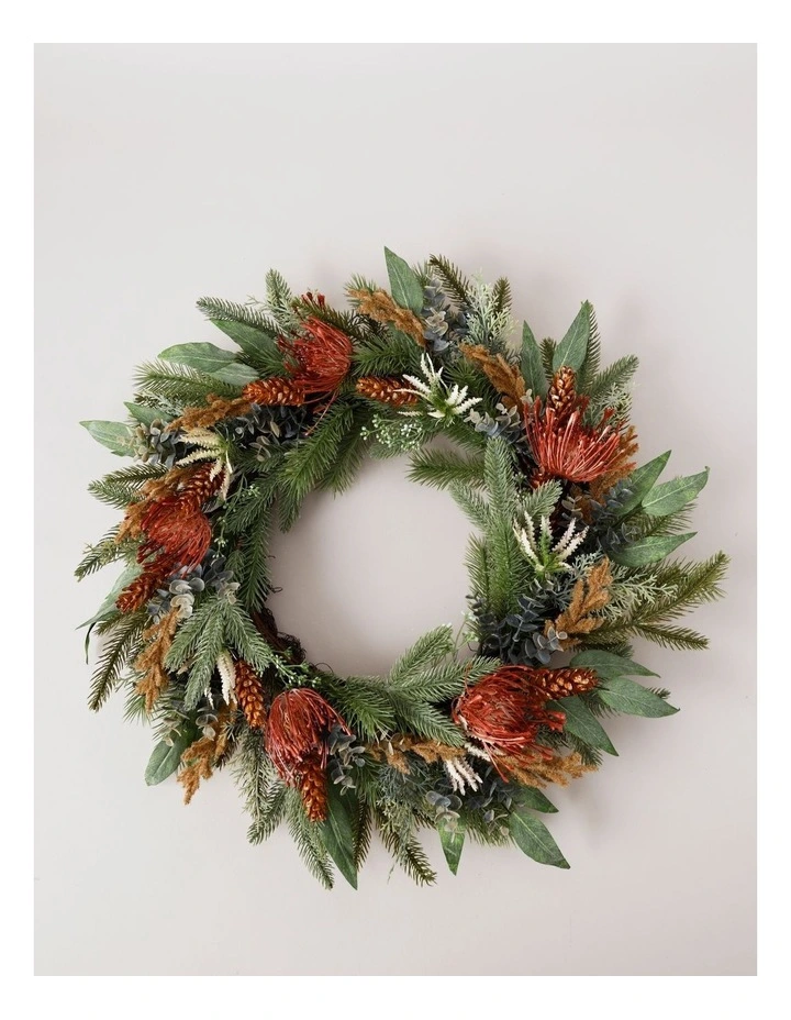 Eucalyptus Christmas Faux Pincushion Wreath 55cm in Green/Orange image 1