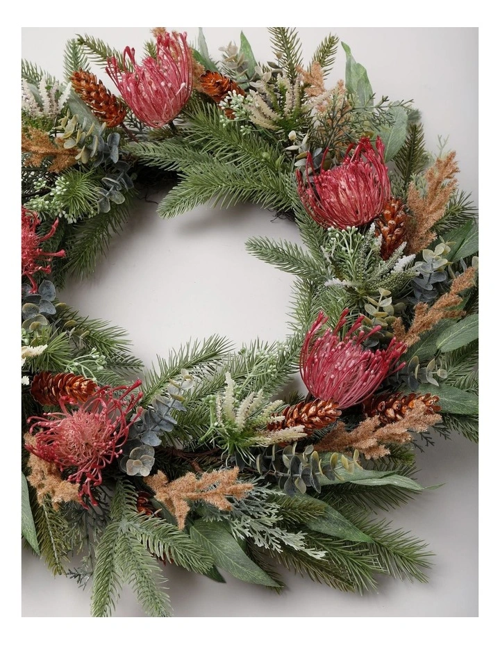 Eucalyptus Christmas Faux Pincushion Wreath 55cm in Green/Pink image 2