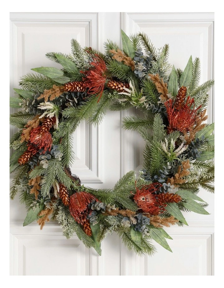 Eucalyptus Christmas Faux Pincushion Wreath 55cm in Green/Orange image 2