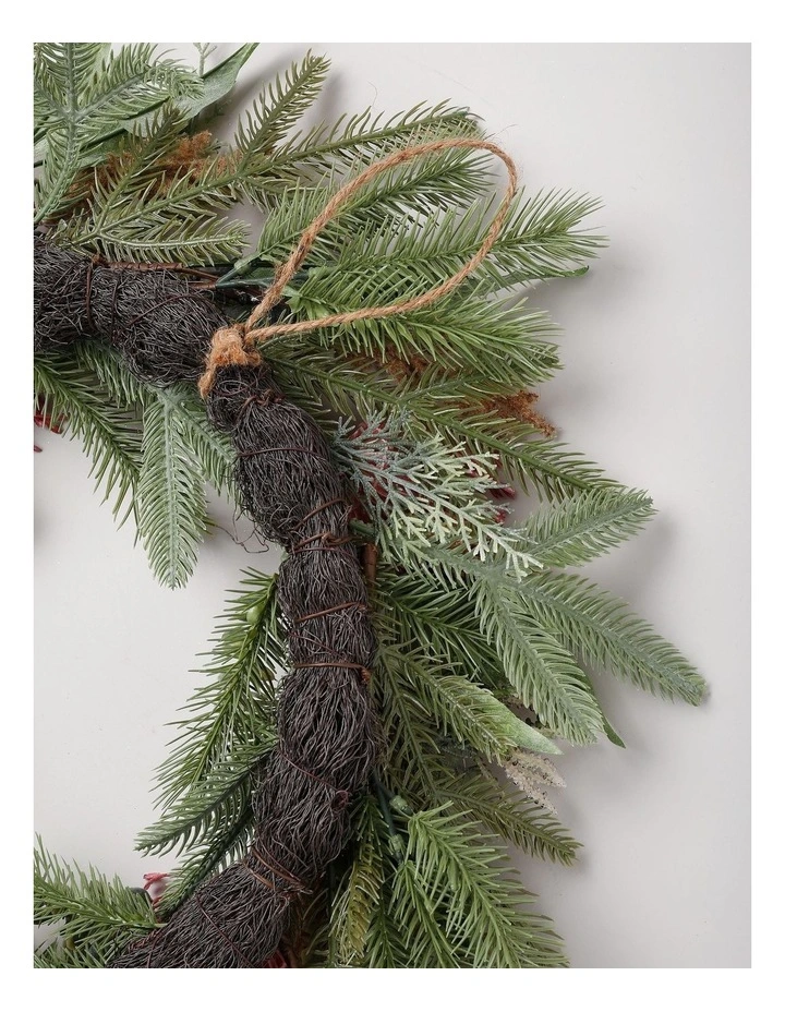 Eucalyptus Christmas Faux Pincushion Wreath 55cm in Green/Pink image 3