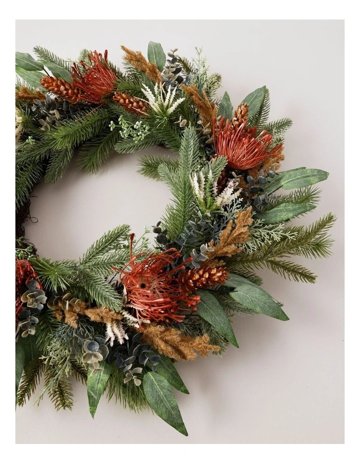 Eucalyptus Christmas Faux Pincushion Wreath 55cm in Green/Orange image 3
