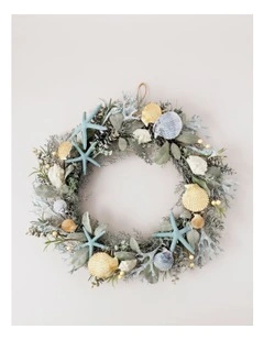 Eucalyptus Christmas Coastal Seashell & Starfish Wreath 55cm in Green/Blue