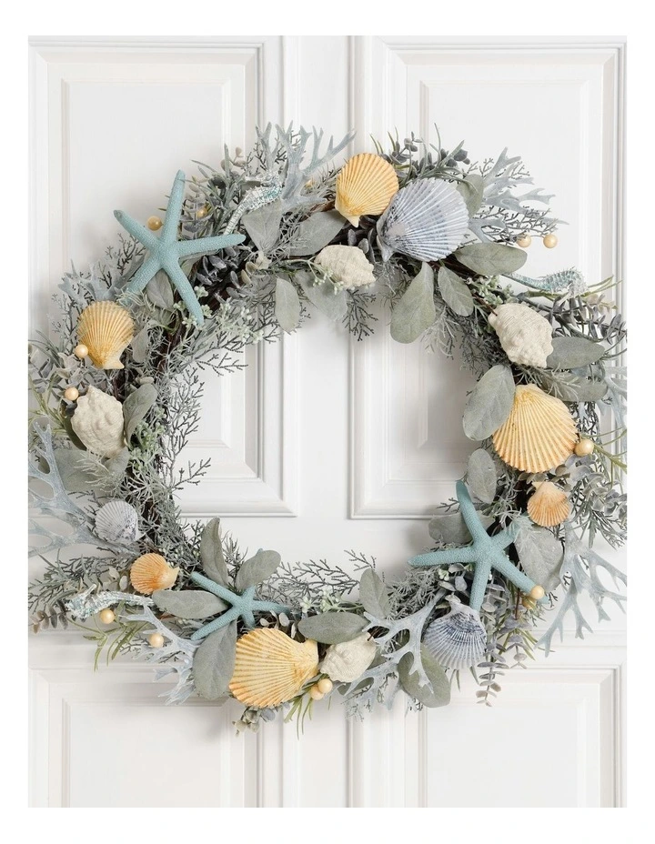 Eucalyptus Christmas Coastal Seashell & Starfish Wreath 55cm in Green/Blue image 2
