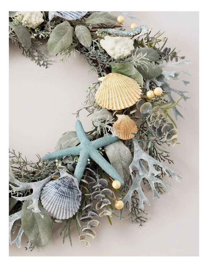 Eucalyptus Christmas Coastal Seashell & Starfish Wreath 55cm in Green/Blue image 4