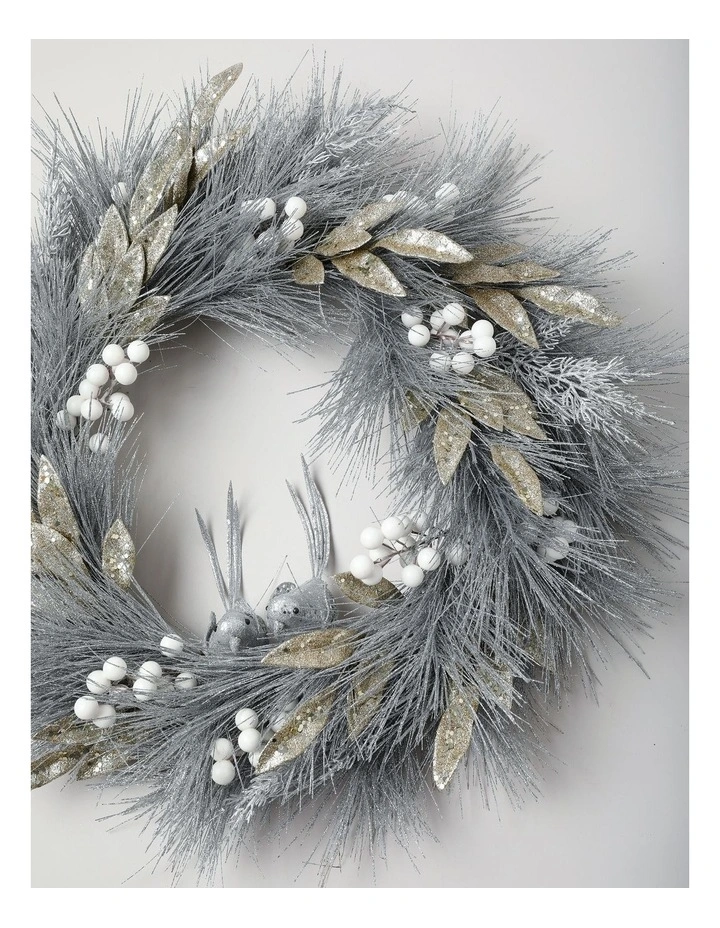 Luxe Christmas Wreath Birds, Berries & Leaves in Silver: 60cm image 3