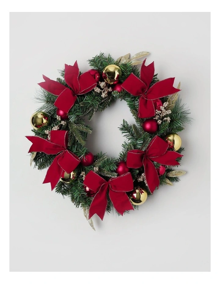 Heirloom Christmas Bow, Bauble & Leaves Wreath in Red: 60cm image 1