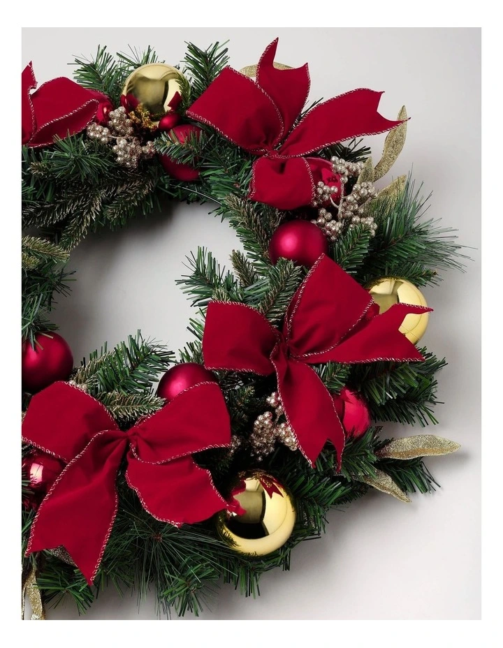 Heirloom Christmas Bow, Bauble & Leaves Wreath in Red: 60cm image 2
