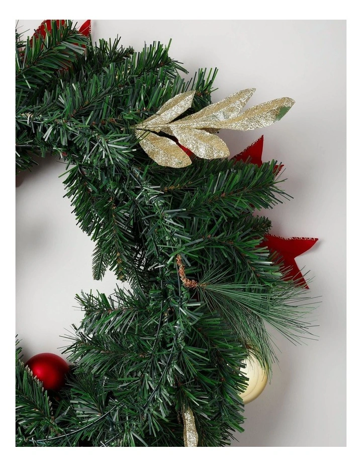 Heirloom Christmas Bow, Bauble & Leaves Wreath in Red: 60cm image 3