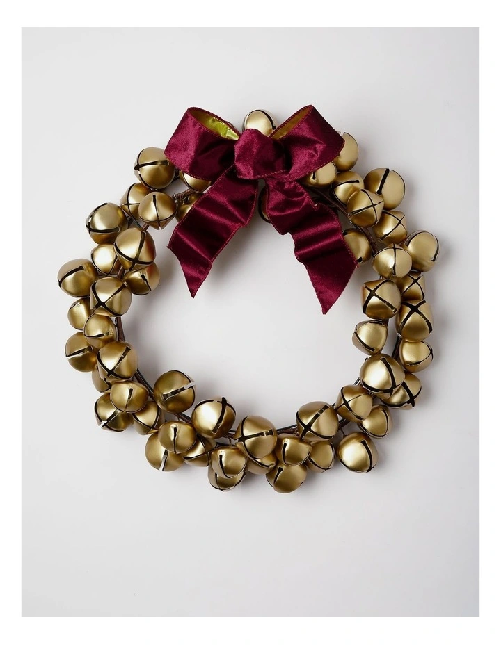 Heirloom Christmas Bell Wreath with Velvet Bow in Bronze and Red: 45cm image 1