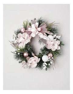 Luxe Christmas Glistening Pine & Magnolia Wreath in Pink: 60cm
